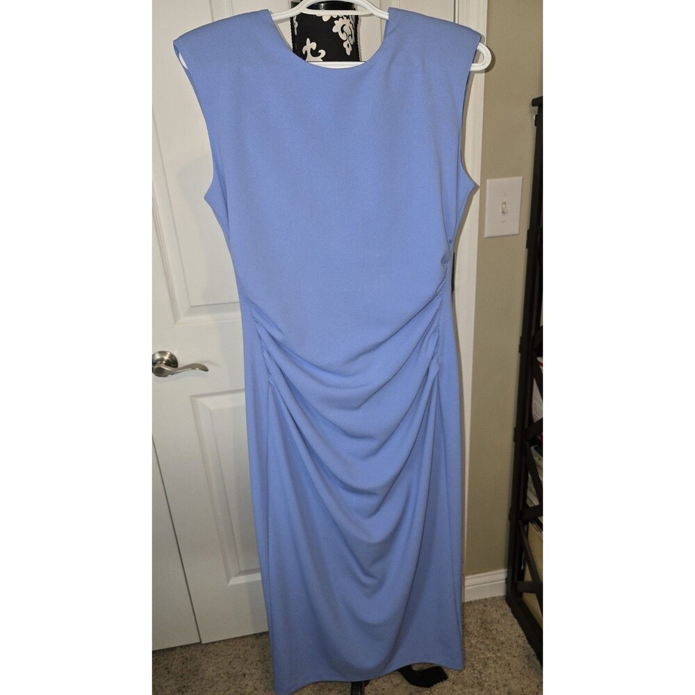 Alex Marie blue sleeveless fitted midi Rouched dress size 6 Padded Shoulders